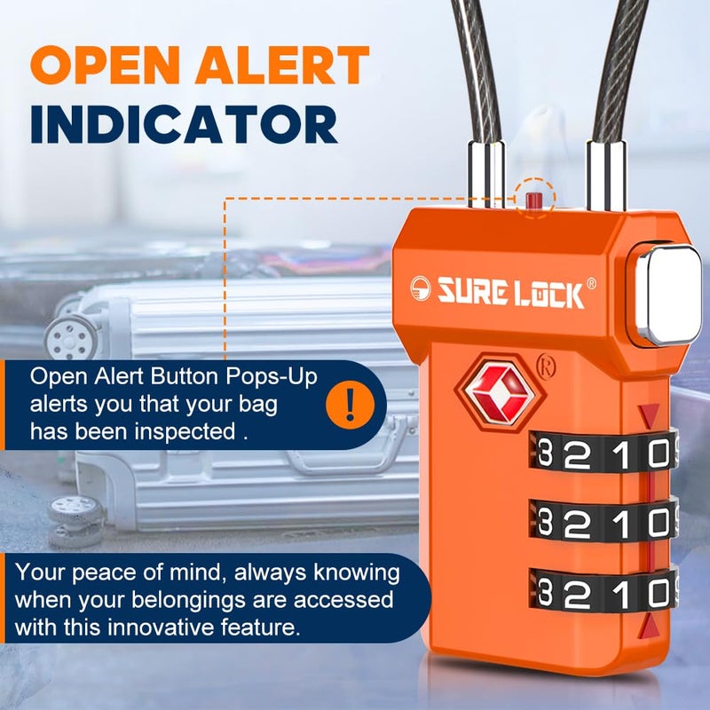 SURE LOCK TSA Approved Cable Luggage Lock â€“ TSA Locks for Luggage with Visual Inspection Indicator, Resettable 3-Digit Combination, Zinc Alloy Body for Suitcases, Backpacks, Gym Lockers(Orange 2 Pack) - Image 4